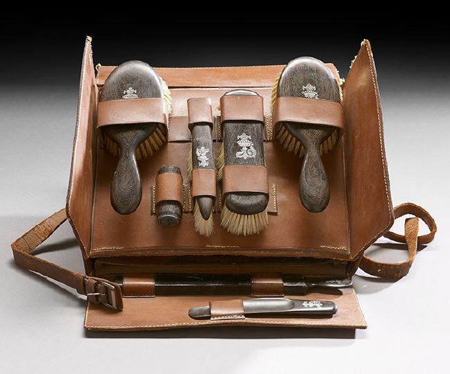 French Gentleman's Traveling Dressing Case: French Gentleman's First Standard (.950) Silver, Glass, Ebony and Leather Traveling Dressing Case, late 19th century, Gustav Keller Freres, fl. Paris,1881-1922, the rectangular leather case opening to