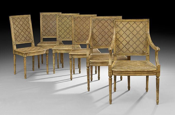 Six Creme Peinte and Parcel-Gilt Sidechairs: Suite of Six Creme Peinte and Parcel-Gilt Sidechairs, late 20th century, each with a double caned rectangular back within a molded frame, above the caned seat, the cane with polychrome diamond pattern