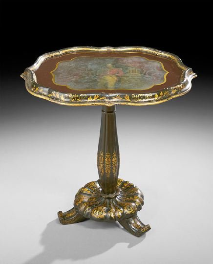 Victorian Ebonized Occasional Table: Victorian Ebonized and Parcel-Gilt Occasional Table, third quarter 19th century, the shaped ovoid top with a raised and molded edge, centering a painting of Prince Albert under a glass panel, raised o