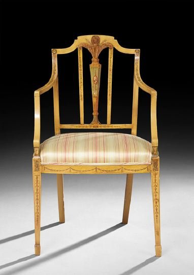 Edwardian Polychrome Armchair: Edwardian Polychrome Armchair, ca. 1900, the domed rectangular slatted back with a central portrait medallion surmounted by Prince of Wales feathers, joined by downswept arms to the padded seat, raise