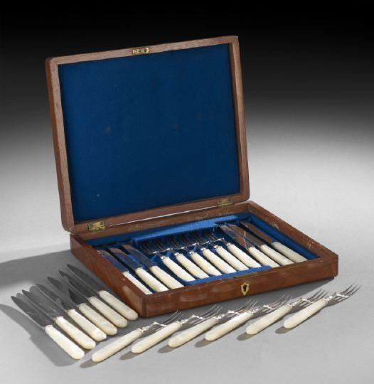 Edwardian Sterling Silver Cased Dessert Set: Edwardian Sterling Silver and Mother-of-Pearl Cased Dessert Set, hallmarked London, 1907-1908, by John Collard Vickery, including twelve dessert forks, l. 6-1/2", and twelve dessert knives, l. 8", the