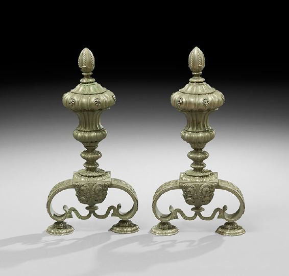 Pair of Nickel Plated Brass Beaux Arts Andirons: Pair of Nickel Plated Brass Beaux Arts Andirons, ca. 1900, French, in the Louis XVI taste, serpentine-molded bun feet support the strapwork-molded base, with pierced, tassel-form skirt, the vase-form