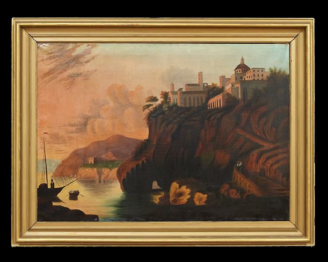 Continental School (Fourth Quarter 19th Century): Continental School (Fourth Quarter 19th Century), "Portuguese Harbor Scene", oil on canvas, unsigned, 37" x 52". Presented in a period molded giltwood frame.