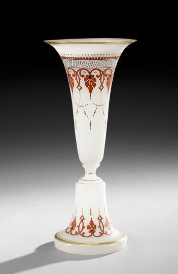 Napoleon III Opaline Neo-Grec Vase: Napoleon III Opaline Neo-Grec Vase, third quarter 19th century, French, the inverted foot mirrored in the trumpet top, each decorated with terracotta-colored anthemia, the upper portion with a black G