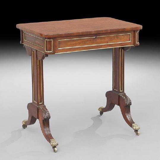 Regency Mahogany Side Table: Regency Mahogany Side Table, first quarter 19th century, the rounded rectangular top above a conforming paneled frieze fitted with a single drawer and accented with brass banding, raised on like-bande