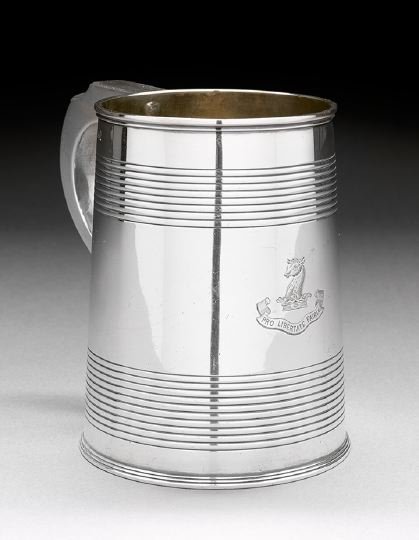 Late George III Sterling Silver Beer Mug: Late George III Sterling Silver Beer Mug, hallmarked London, 1806-1807, by John Emes, of traditional tapering cylindrical form, with molded rim and reeded banding, with notched scroll handle of square