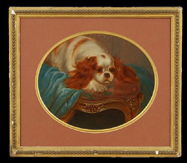 British School (First Quarter 20th Century): British School (First Quarter 20th Century), "King Charles Spaniel in a Louis XV Chair", oil on oval paper, unsigned, 9" x 11". Presented in a giltwood frame with an oval mat.