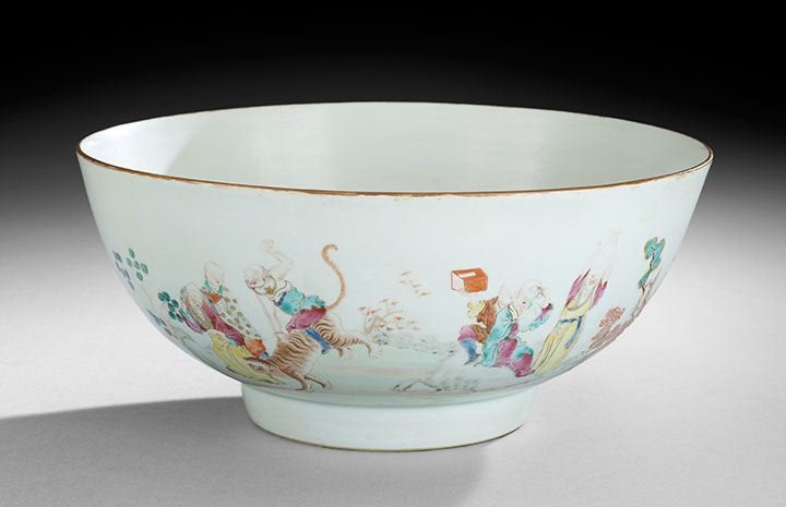 Chinese Export Porcelain Punch Bowl: Chinese Export Porcelain Punch Bowl, rare decoration of Buddhist saints and Taoist immortals in famille rose enamels, dia. 14".