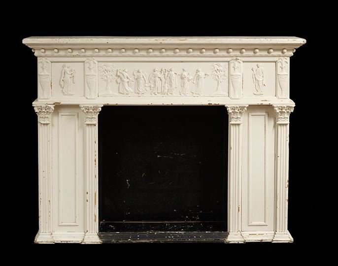 George III-Style Polychrome Mantle: George III-Style Polychrome Mantle, in the Adam Taste, early 20th century, the molded and bead-applied cornice above a frieze with applied urns and a classical procession, the opening flanked to eithe