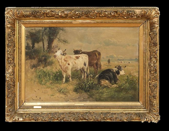 Henry Schouten (Belgian, 1864-1927): Henry Schouten (Belgian, 1864-1927), "Paysage avec Vaches", oil on canvas, signed lower right, remnants of old red wax export stamp en verso on stretcher, 23-3/4" x 35-1/4". In a period carved, gessoe