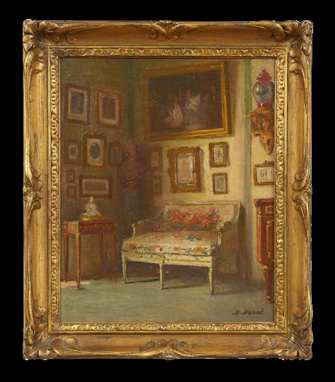 Suzanne Hurel (French, 1876-1956): Suzanne Hurel (French, 1876-1956), "A Quiet Corner", oil on canvas, signed lower right "S. Hurel", 18" x 15". Presented in a giltwood and gesso frame. Provenance: Joseph Lombardo Antiques, New York, N