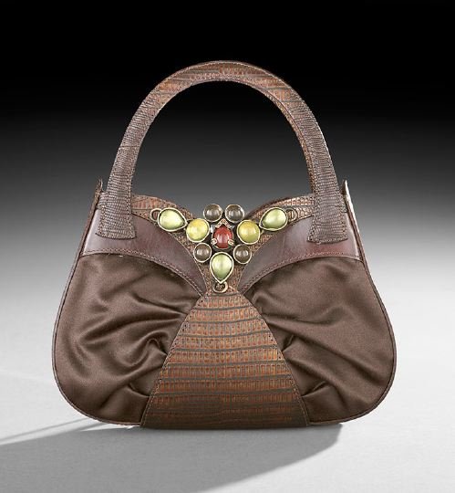 Giuseppe Zanotti Chocolate Brown Evening Bag: Giuseppe Zanotti Chocolate Brown Pearlized Lizard and Satin Evening Bag, of scalloped and gathered form, the front set with a cluster of cabachon and tiny cut stones, with a magnetized interior flap c