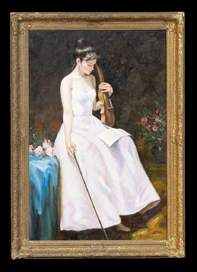 Victor Efimenko (Ukrainian, b. 1952): Victor Efimenko (Ukrainian, b. 1952), "Young Girl With Violin", oil on wood panel, signed lower right, 36"x 24". Framed.