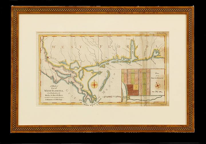 J. Lodge (British, 18th Century): J. Lodge (British, 18th Century), "A Map of Part of West Florida", hand colored engraved map, 1772, sight 7-5/8" x 13-5/8". Glazed, matted and framed.
