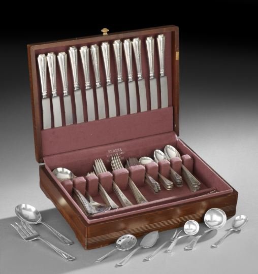 101-Pieces Durgin "Colfax" Sterling Flatware: One Hundred and One Piece Set of Durgin "Colfax" Sterling Silver Flatware, designed in 1922 by Frederick Russell Roberts, Jr. (1867-1936), including twelve dinner forks, l. 7-3/4", eleven salad forks,