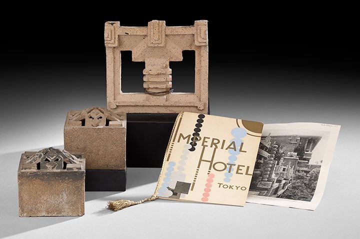 Three Architectural Tiles from the Imperial Hotel: Three Terracotta Architectural Tiles From Frank Lloyd Wright's Iconic Imperial Hotel, Tokyo, Japan, 1916-1923, designed in the Mayan revival style, the group comprised of two block tiles with a pyrami