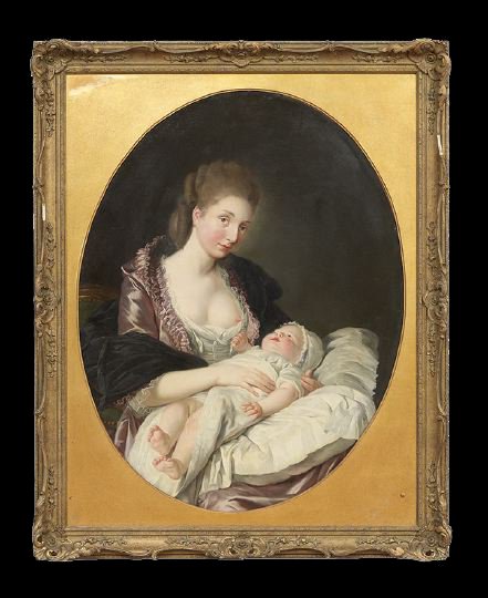 French School (Fourth Quarter 18th Century): French School (Fourth Quarter 18th Century), "Portrait of a Young, Bare-Breasted Mother With Her Baby", oval oil on canvas, unsigned, 44" x 34-1/2". Presented in a later giltwood and gesso frame.
