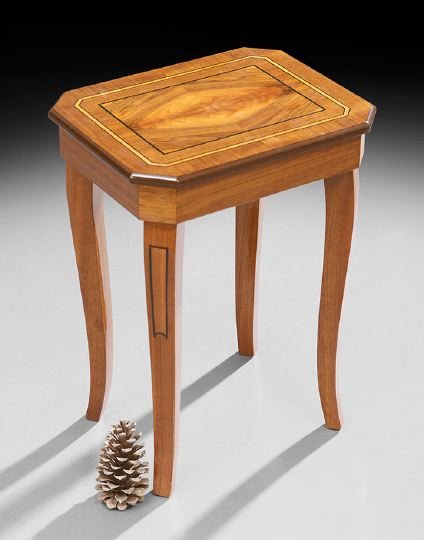 Walnut Veneered Musical Standing Jewel Box: Walnut Veneered Musical Standing Jewel Box, cabriole legs inlaid with ebony lined panels support the box, with a lift-top inlaid with satinwood banded panels, outlined with ebony and a calamander vene