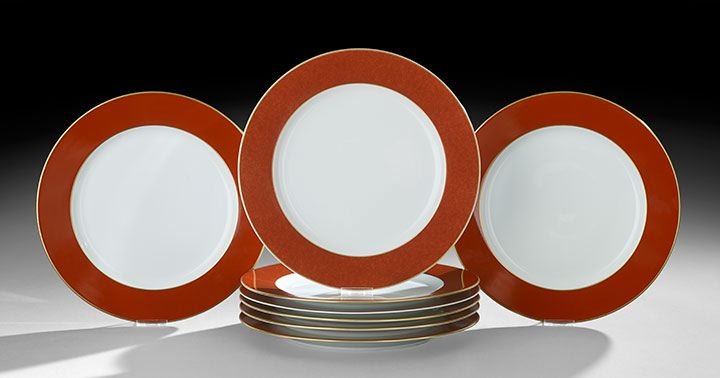 Set of Eight Bernardaud Service Plates: Set of Eight Bernardaud Service Plates, Limoges, France, simply decorated with a bold Chinese red border and gilt rim, marked "Bernardaud, Limoges, France", dia. 11-1/2".