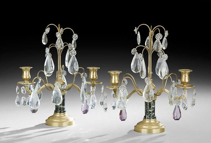 Pair of Louis XV-Style Bronze & Marble Candelabra: Pair of Louis XV-Style Two-Light Bronze and Marble Candelabra, fourth quarter 19th century, the molded bronze base supports a gray marble standard, supporting bronze candlearms set with drip pans and