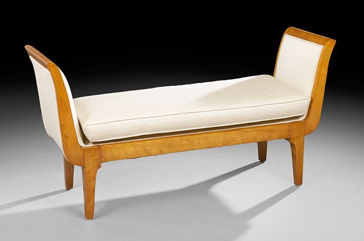Biedermeier-Style Blonde Fruitwood Window Seat: Biedermeier-Style Blonde Fruitwood Window Seat, late 19th century, the long padded seat flanked to either end by a padded outscrolled arm, raised on tapering square legs, h. 27", w. 51", d. 15".