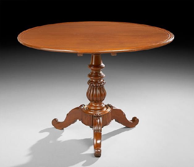 Louis-Philippe Center Table: Louis-Philippe Center Table, mid-19th century, the tilting circular dished top raised on a turned and ribbed vasiform standard to a ribbed circular base to three shaped legs ending in scrolled toes, h