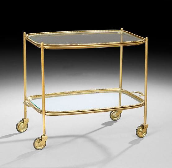 Brass and Glass Two-Tier Serving Trolley: Brass and Glass Two-Tier Serving Trolley, each glass shelf with rounded corners and a beaded perimeter, the lower shelf with reeded handles and fitted to lift off the frame, h. 25", w. 27-3/4", d. 17-