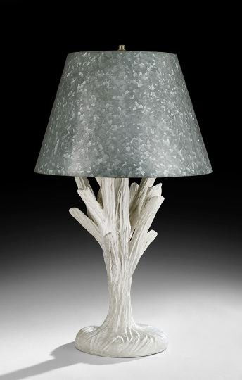 John Dickinson (U.S., 1920-1982) Table Lamp: John Dickinson (American, 1920-1982), White-Painted Plaster and Galvanized Tin Table Lamp, ca. 1975, model number 105, overall h. 32". Provenance: Purchased by the consignor in the late 1970s at the J
