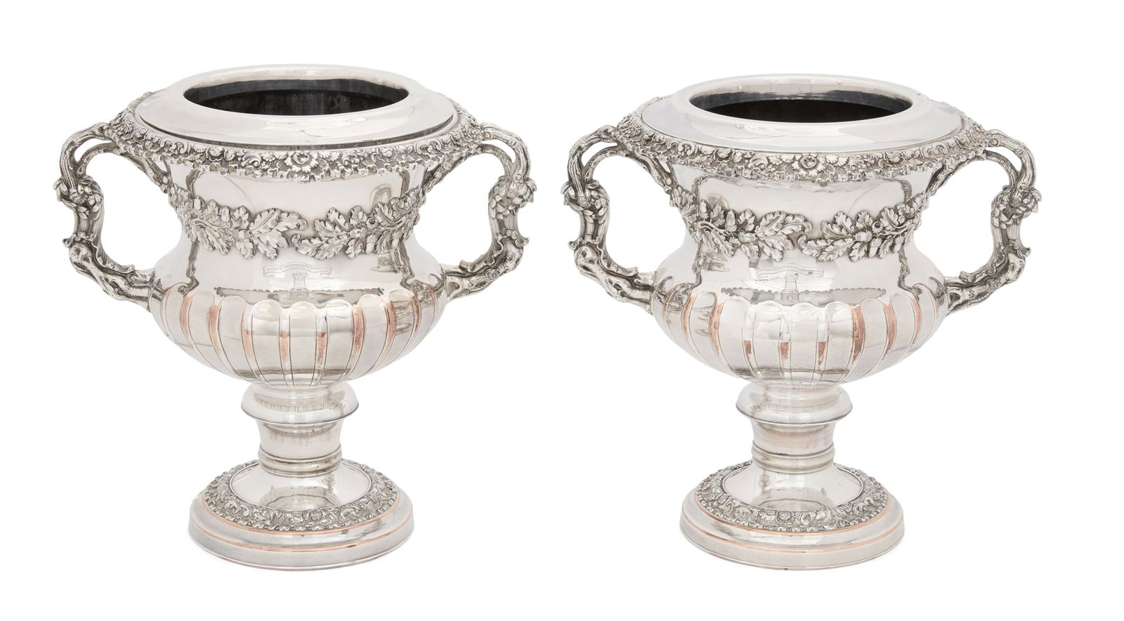 Pair of George IV Sheffield Plate Wine Coolers: Pair of George IV Old Sheffield Plate Wine Coolers19th century, each of campana form, with fluted calyx, the collar decorated with applied oak branch banding, with openwork branch handles and rocaille