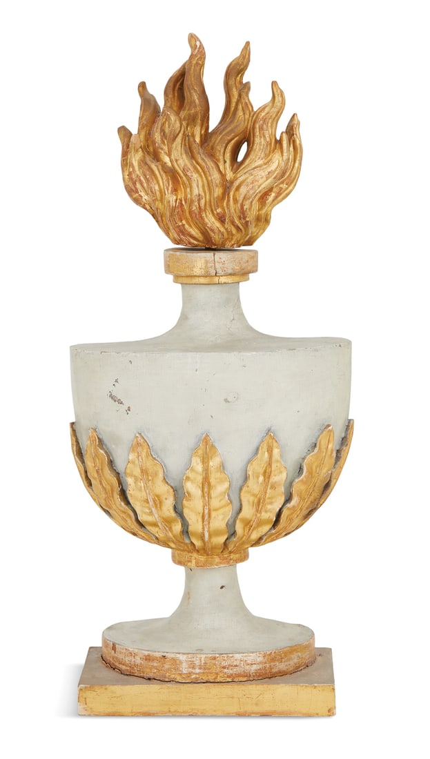 Carved and Parcel-Gilt Wooden Urn Garniture: Neoclassical Carved and Parcel-Gilt Wooden Flaming Urn Garniture 19th century, the giltwood flame finial over a white-painted urn decorated with carved giltwood lotus leaves, above a gilt-trimmed base