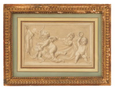 Manner of Jacob de Wit (Dutch, 1695-1754): †Manner of Jacob de Wit(Dutch, 1695-1754)"Frolicking Putti"charcoal with white gouache on paperinscribed "J de Wit" lower left.Float-mounted, matted, glazed and framed.sheet 7-5/8" x 12-3/4", frame