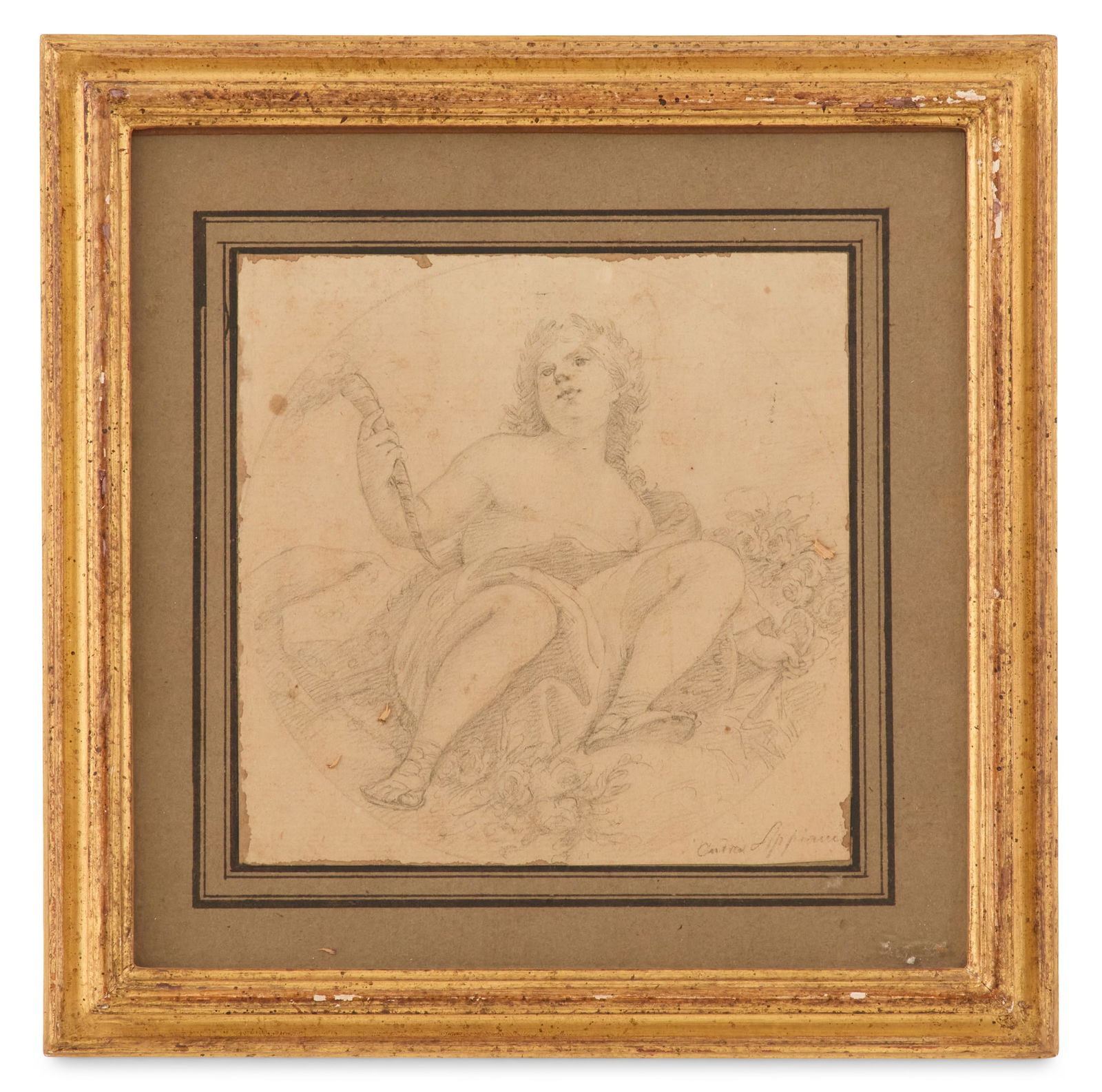 Andrea Appiani (Italian, 1754-1817): † Andrea Appiani(Italian, 1754-1817)"Putto with Torch"charcoal on laid papersigned lower right.Mounted, matted, glazed and framed.sheet 6-3/4" x 6-7/8", framed 11-1/4" x 11-1/4" Provenance: Kevin St