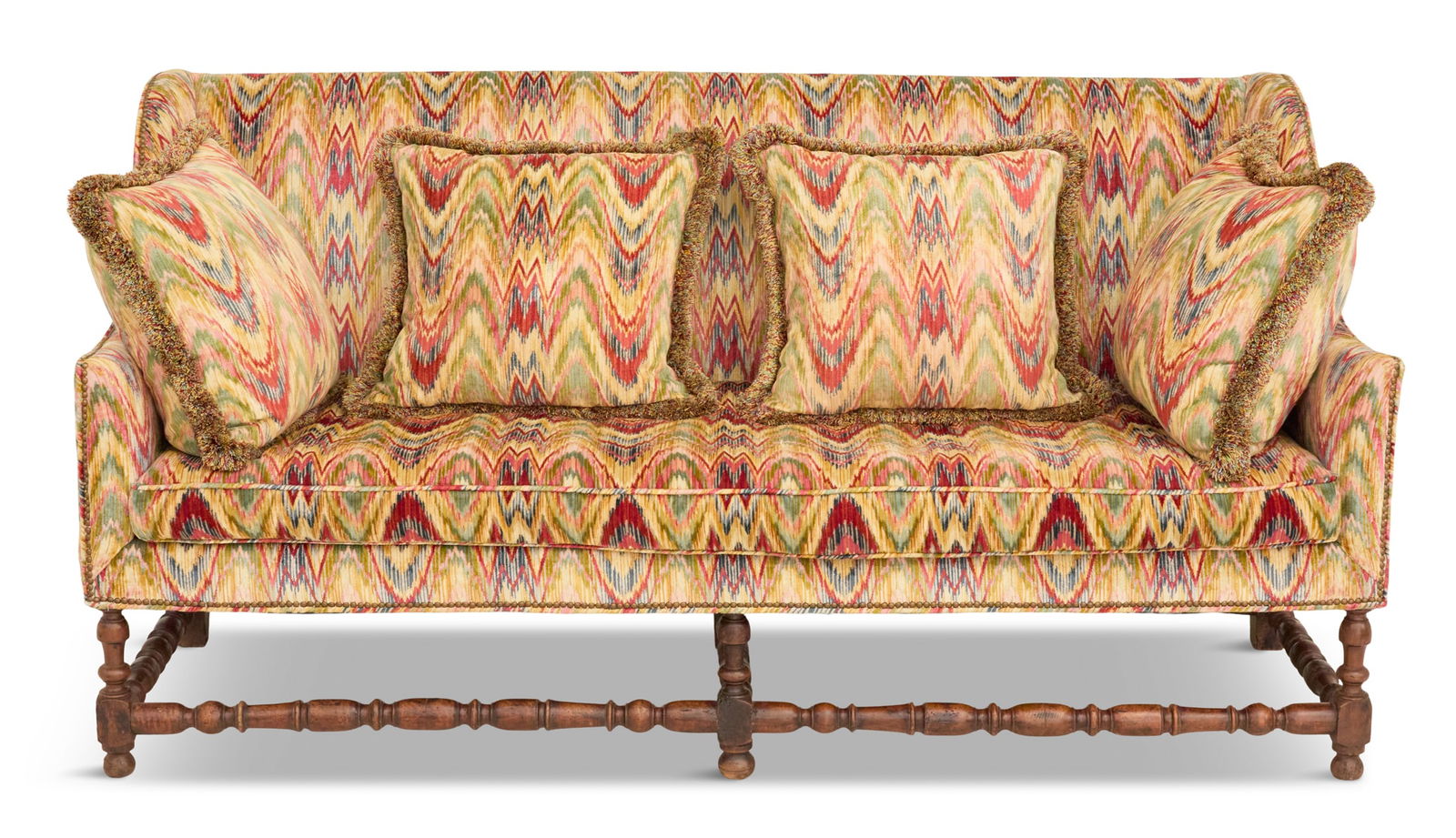 Louis XIV Fruitwood Sofa: Louis XIV Fruitwood Sofa17th century, the padded rectangular back with downswept sides and arms above the cushioned seat, raised on turned legs joined by a like box stretcher and ending in block-and-b