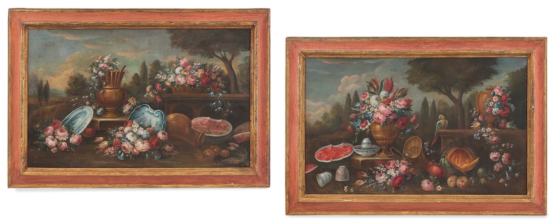 Manner of Gasparo Lopez (Italian, 1650-1732): † Manner of Gasparo Lopez (Italian, 1650-1732) "Still Lives of Flowers, Fruits and Urns" pair of oils on canvas Unsigned. Framed alike. each 29-1/2" x 47-1/2", framed 37-1/2"