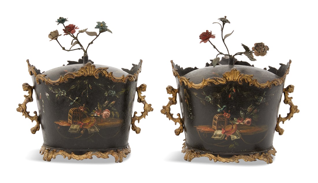 Pair of French Tole and Gilt Lead Pots of Flowers (1 of 4)