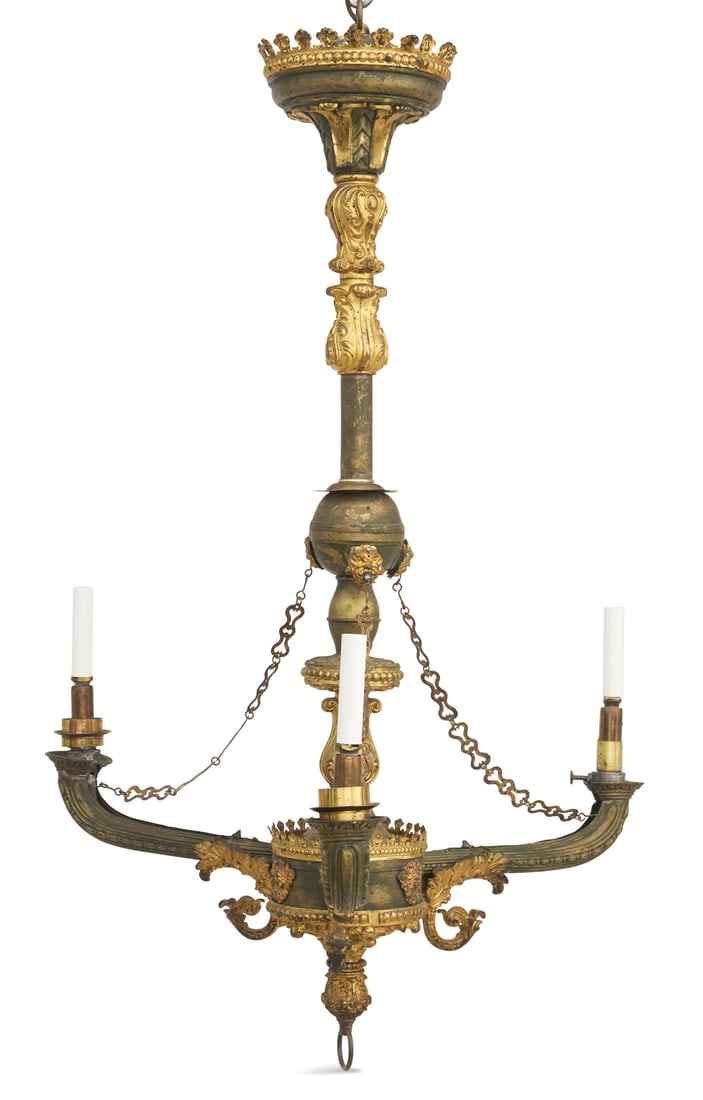 Gilt-Lacquered Brass Argand Chandelier: French Gilt-Lacquered Brass Argand Chandelier second quarter 19th century, the Louis Philippe chandelier with a crenellated corona with beaded trim, the standard decorated with leaf-molded vasiform mo
