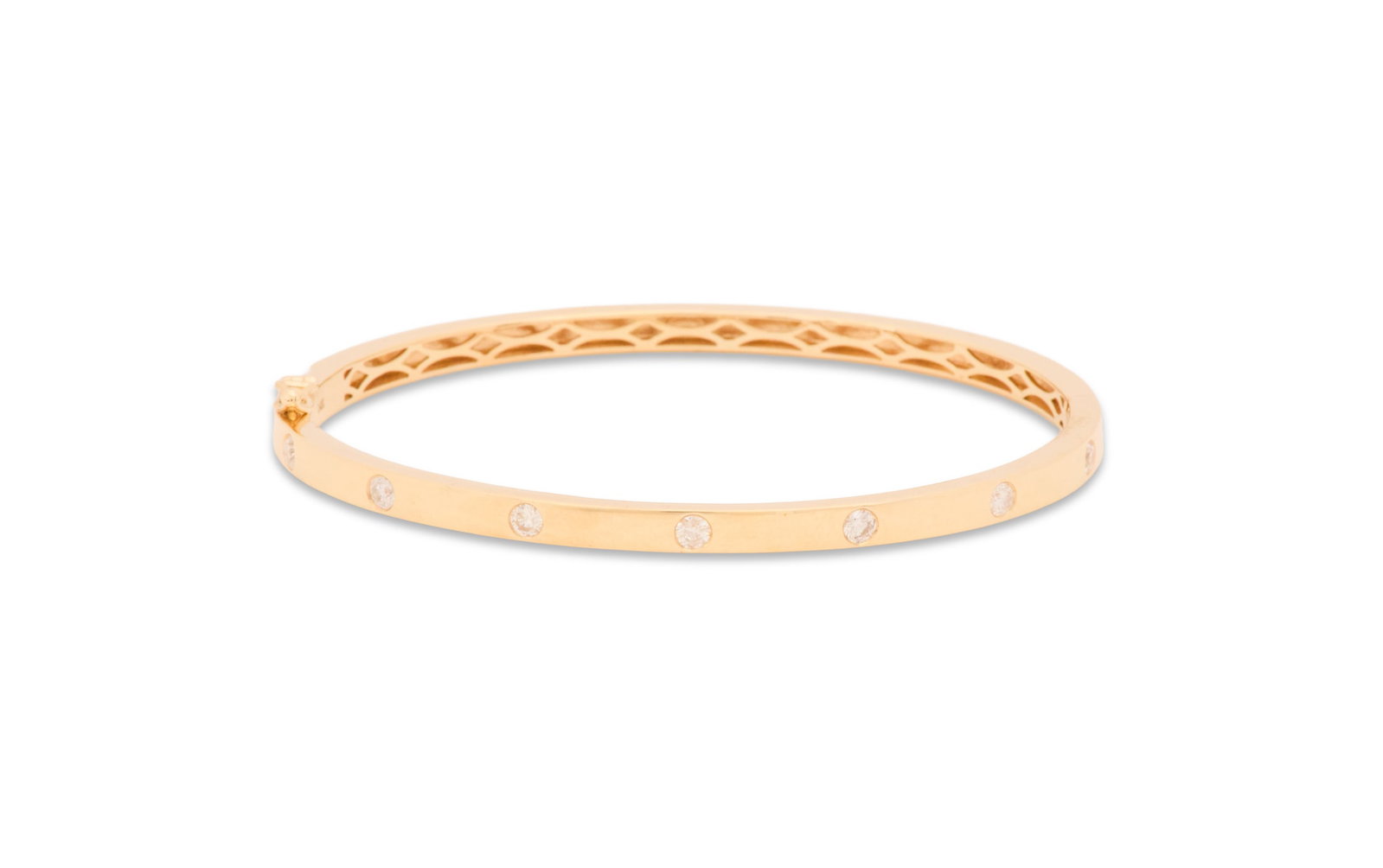 Diamond Bangle Bracelet: Diamond Bangle Bracelet 14k yellow gold, the hinged bracelet mounted with round brilliant-cut diamonds weighing approximately 0.60 carats in total. inside circumference 6-1/2", total weight 10.6 