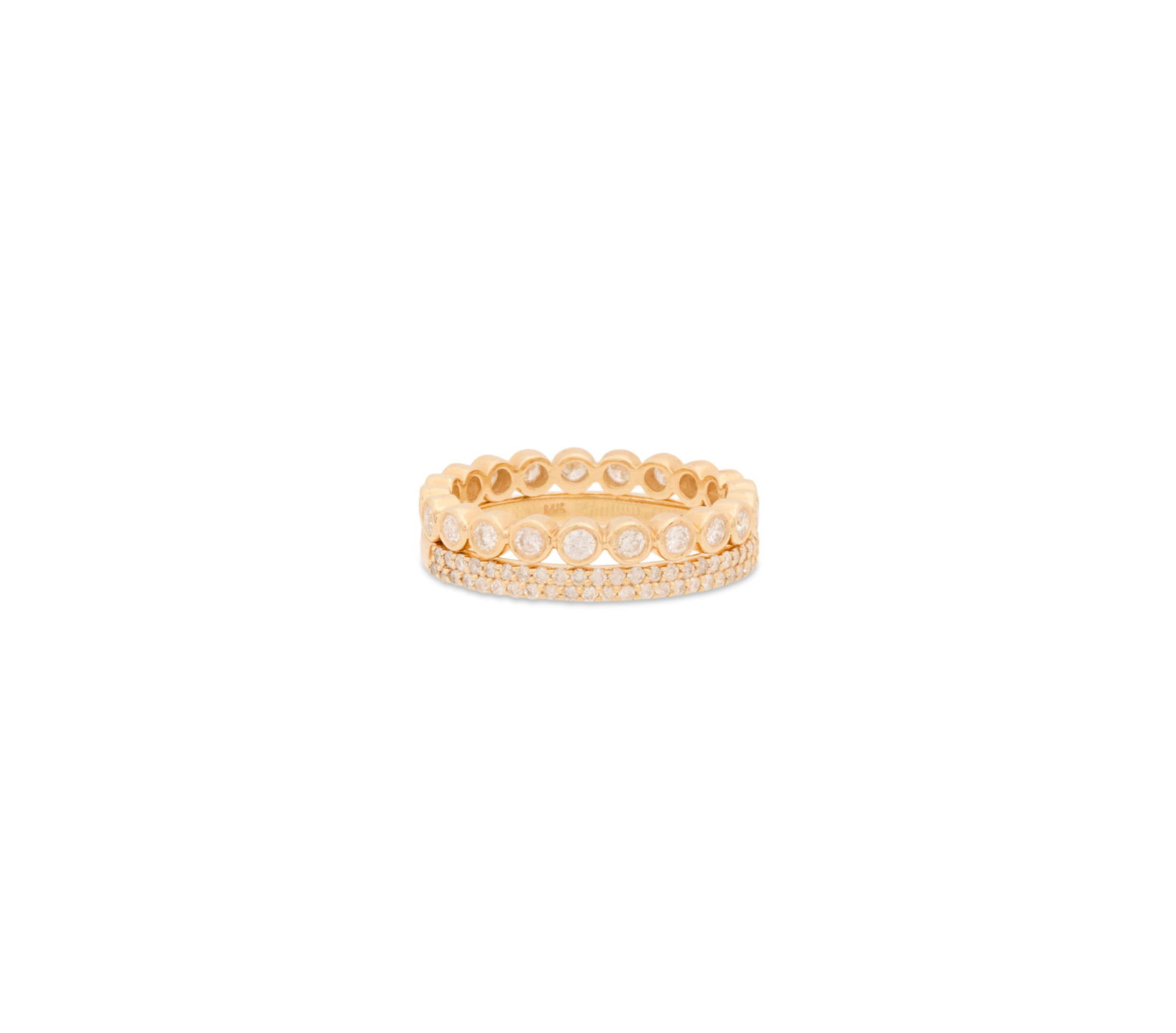 Two Diamond Stackable Rings: Two Diamond Stackable Rings14k yellow gold, the rings mounted with round brilliant-cut diamonds weighing approximately 0.80 carats in total.size 6, total weight 3.7 grams