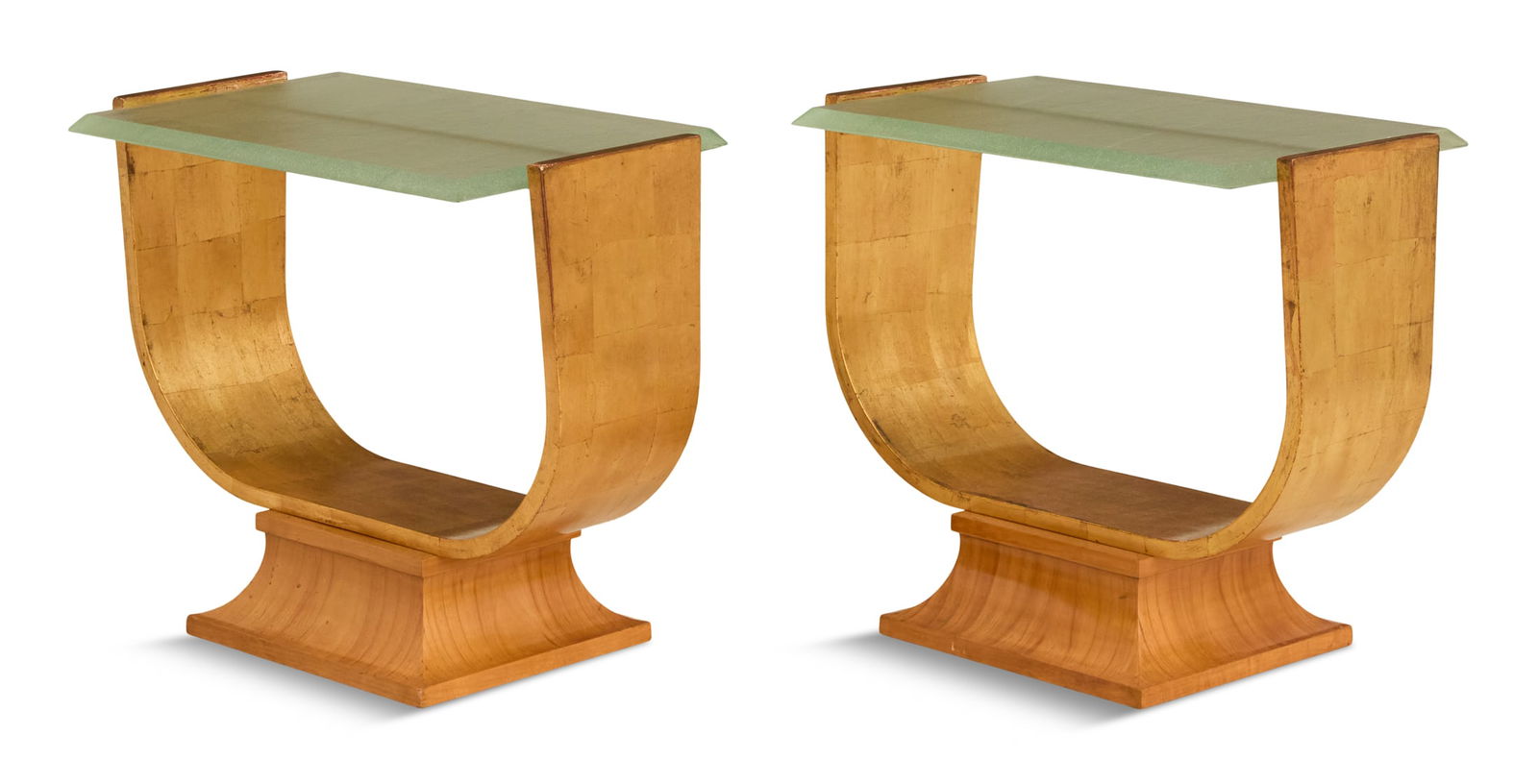 Jules and Andre Leleu Art Deco Side Tables: Fine Pair of Jules and Andre Leleu Art Deco Side Tablesca. 1930, France, each with an open giltwood structure raised on a sculpted satinwood base and fitted with a beveled strie-textured glass top.h.