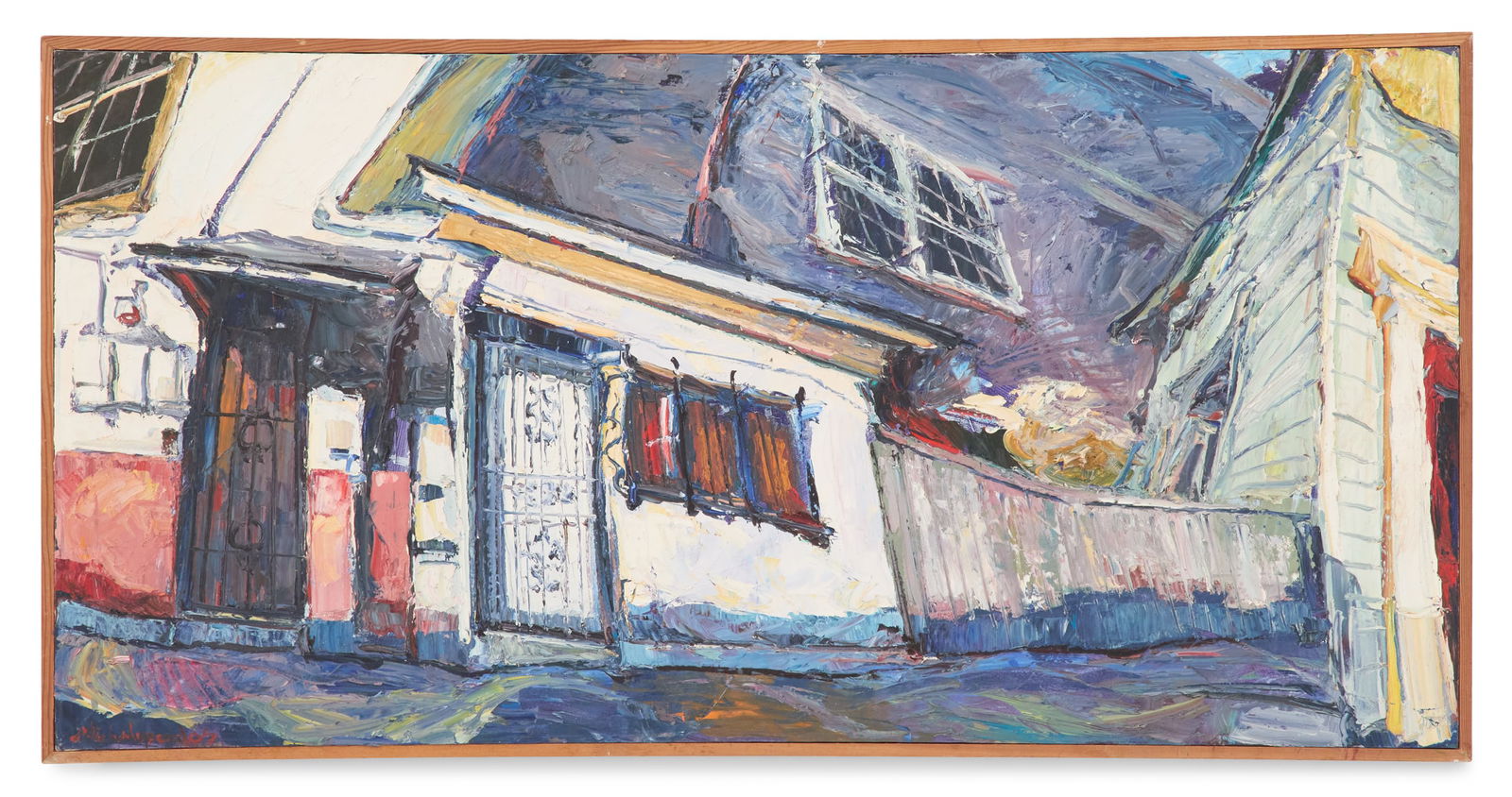 James Michalopoulos (American/Louisiana, b. 1951): † James Michalopoulos(American/Louisiana, b. 1951)"Endura Galvez", 1994oil on canvassigned lower left, signed, dated and titled en verso.In a thin gallery frame.24" x 48", framed