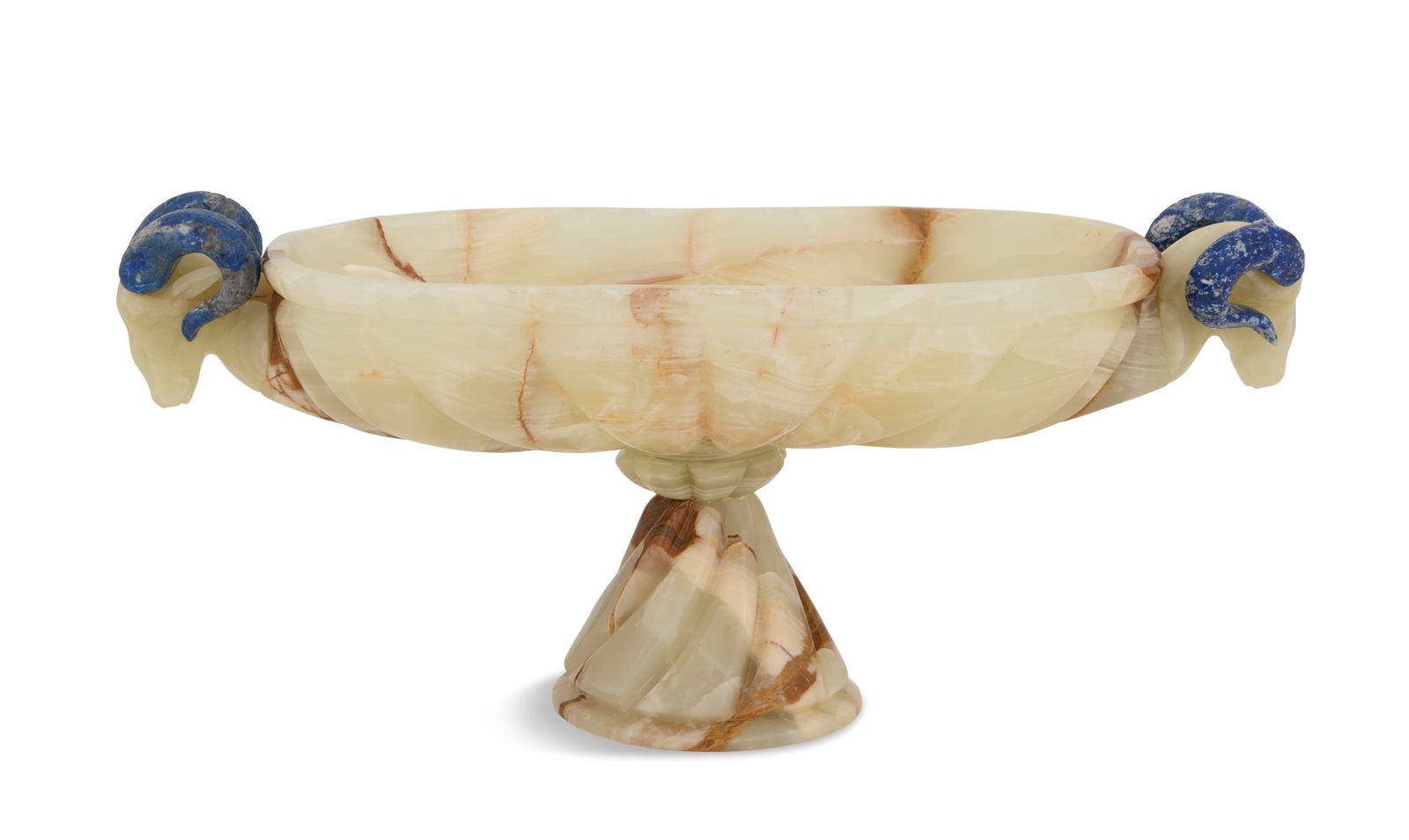 Carved Onyx and Lapis Lazuli Centerpiece: Carved Onyx and Lapis Lazuli Centerpiece 20th c, the oval centerpiece with ram's-head handles, with lapis lazuli horns, the body and tapered standard carved with gadrooning. h. 9", w. 19", d. 9" Prove