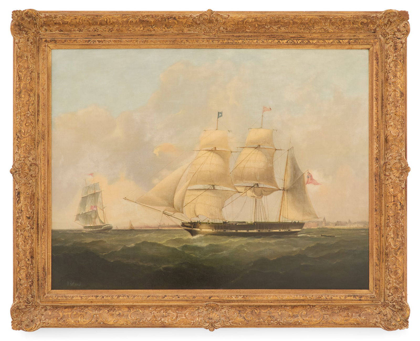 John Ward of Hull (British, 1798-1849): † John Ward of Hull(British, 1798-1849)"Frigate off the English Coast"oil on canvassigned lower left.Framed.27-1/4" x 36", framed 35-1/4" x 43"