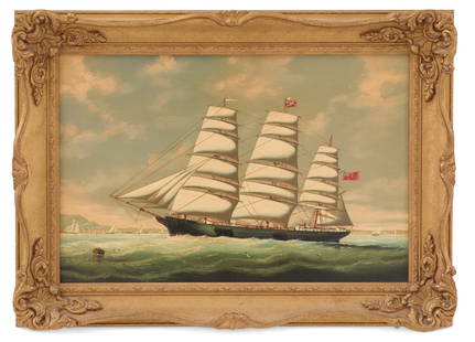 Salvatore Colacicco (Italian/England, b. 1935): † Salvatore Colacicco(Italian/England, b. 1935)"Three-Masted Clipper Ship in Calm Waters"oil on canvassigned lower left.Framed.27" x 35-1/2", framed 35" x 43"