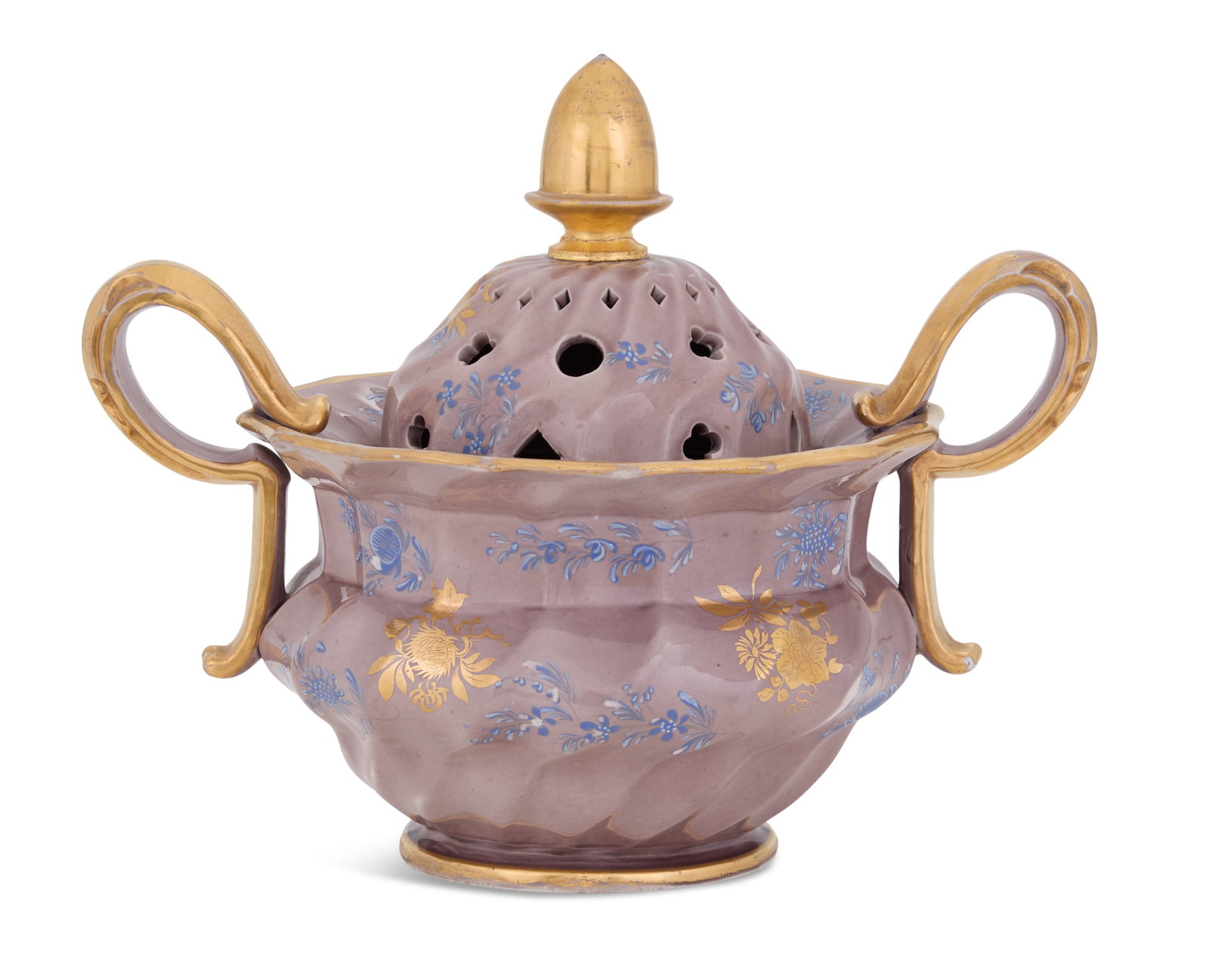 Rare English Mason's Ironstone Potpourri Urn: Rare English Mason's Ironstone Potpourri Urn ca. 1813-1820, the urn with a gadrooned body decorated with scattered blue enamel flowers on a puce ground, set with scrolled handles, the pierced cover wi