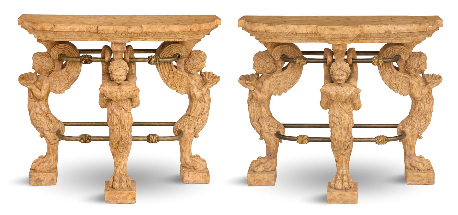 Pair of Cast Stone Console Tables: Pair of Cast Stone, Iron and Bronze-Mounted Console Tableswith stepped demilune tops and winged caryatid-form legs, each holding a clam shell and joined by metal tubular stretchers.h. 38", w. 44", d.