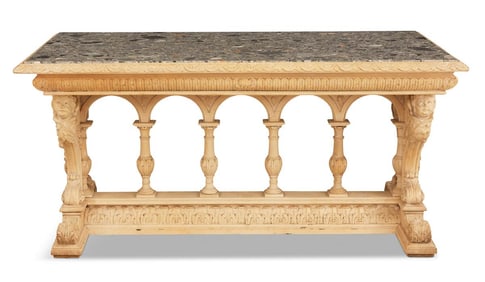 Beechwood and Marble-Top Trestle Table