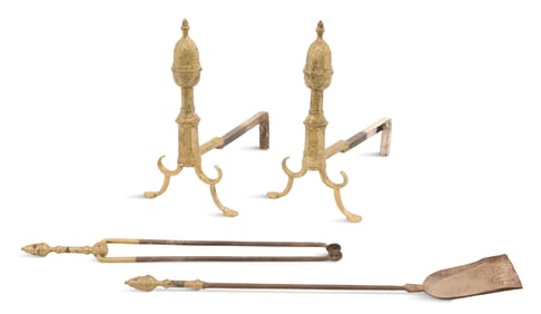 Pair of American Brass Andirons and Firetools