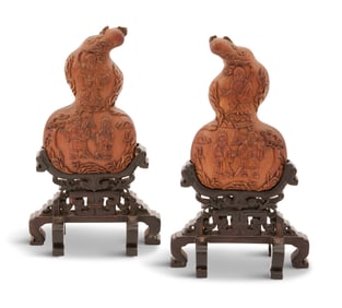 Pair of Chinese Carved Wooden Gourds