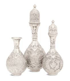 Three Persian Hammered Silverplate Copper Bottles