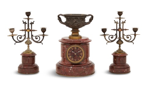 French Bronze and Marble Clock Set